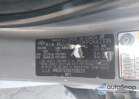 2006 Kia Sportage Ex V6/Lx V6 из США, поврежденный, VIN KNDJE723467218223